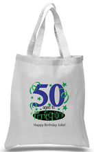 Load image into Gallery viewer, 50th Birthday Celebration Printed tote in Blue and green
