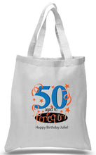 Load image into Gallery viewer, 50th Birthday Celebration Printed tote in Blue and orange