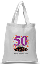 Load image into Gallery viewer, 50th Birthday Celebration Printed tote in Purple and orange
