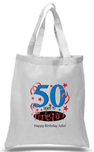 Load image into Gallery viewer, 50th Birthday Celebration Printed tote in Blue and Red