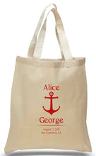 Load image into Gallery viewer, Anchor&#39;s Away design in red print, for weddings and other nautical events.