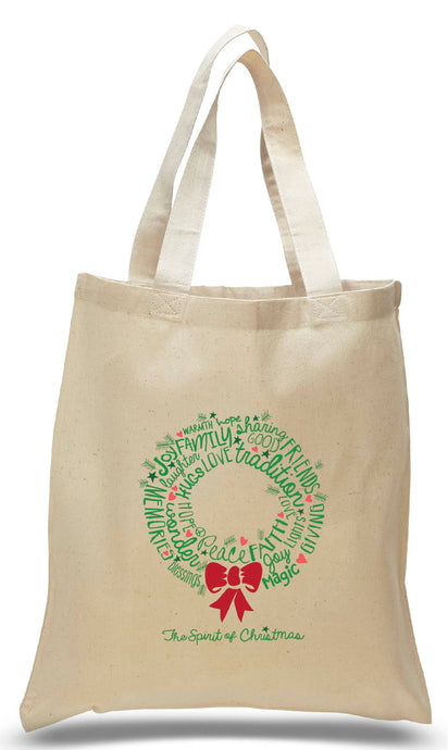 Christmas word wreath image printed on natural cotton canvas tote
