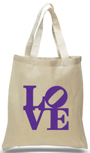 Load image into Gallery viewer, Love Sign Print in Purple on Cotton Canvas tote in Natural