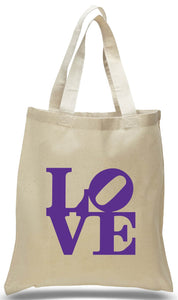 Love Sign Print in Purple on Cotton Canvas tote in Natural