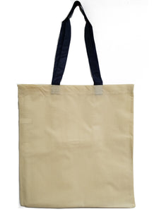 Natural budget tote with navy blue handles