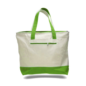Canvas Zippered Tote with Colored Handles in Lime Green