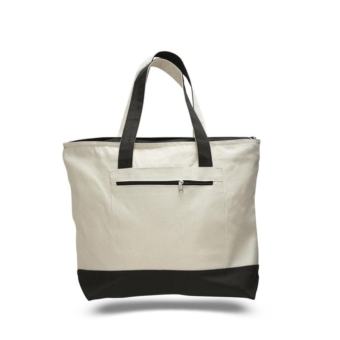 Canvas Zippered Tote with Colored Handles in Black 