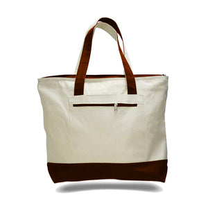 Canvas Zippered Tote with Colored Handles in Chocolate