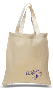 Welcome Y'all tote printed in Navy Blue